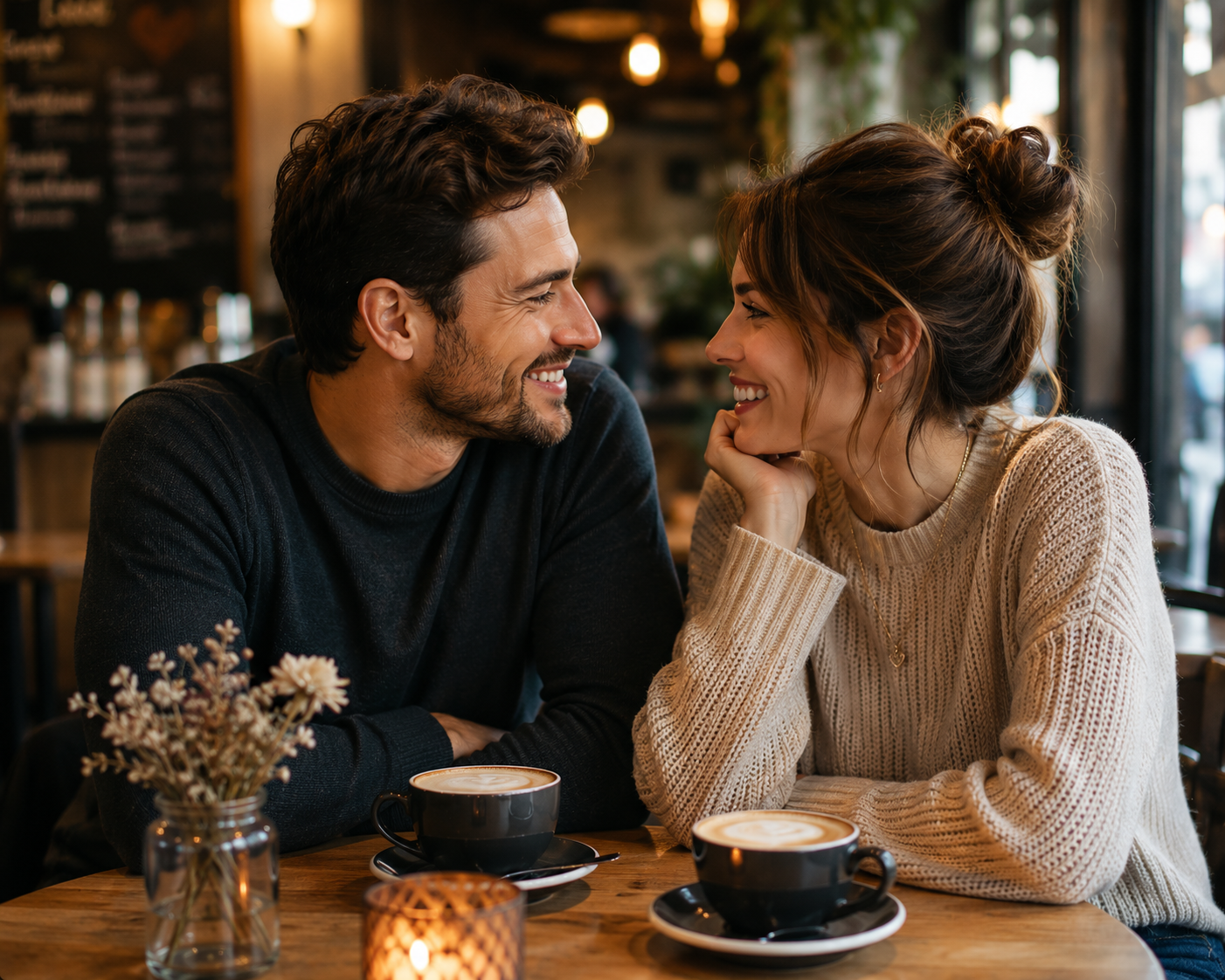 A couple sharing coffee and conversation