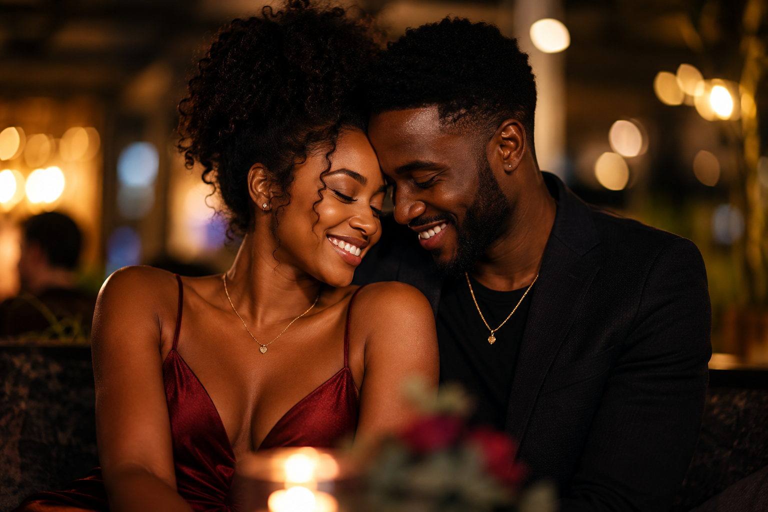 A couple in a candlelit, intimate moment